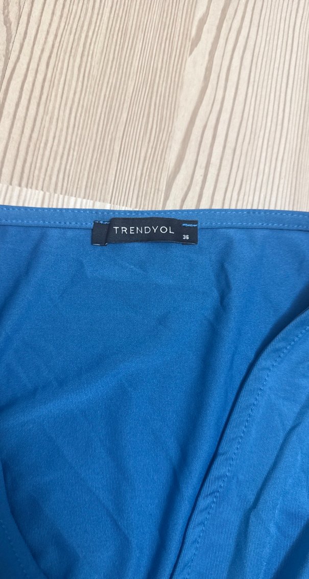 Drapeli V Yaka Uzun Kollu Mavi Elbise - Görsel 3