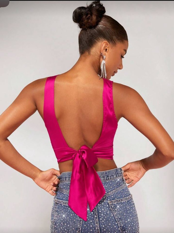 Pembe Drapeli Mini Saten Bluz - Görsel 2