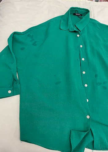 Düğmeli Yeşil Keten Kadın Gömlek - Görsel 2