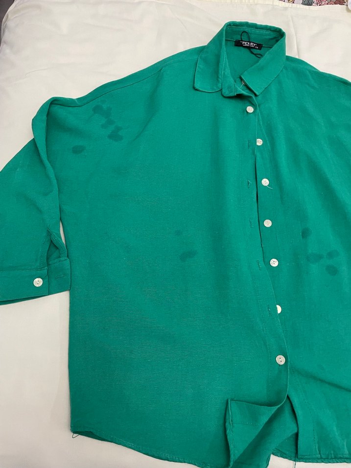 Düğmeli Yeşil Keten Kadın Gömlek - Görsel 2