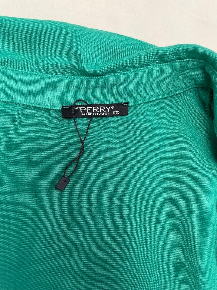 Düğmeli Yeşil Keten Kadın Gömlek - Görsel 3