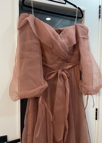 Bej Drape Detaylı Uzun Hamile Abiye Elbise - Görsel 3