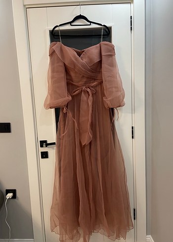 Bej Drape Detaylı Uzun Hamile Abiye Elbise - Görsel 2