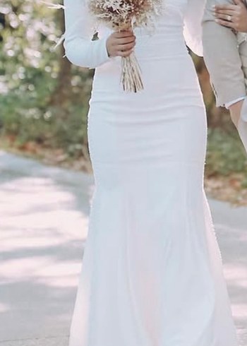 Dantel İşlemeli Beyaz V Yaka Midi Gelinlik - Görsel 2