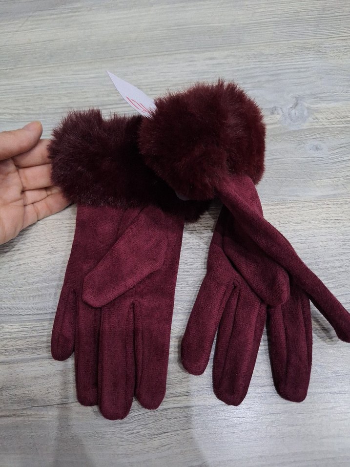 Bordo Kürklü Kadın Eldiveni - Görsel 4