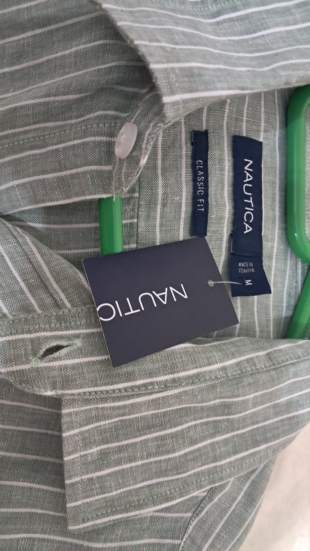 Nautica Erkek Yeşil Keten Çizgili Gömlek Etiketli - Görsel 3