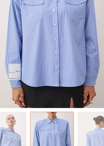 Düğmeli Çizgili Mavi Kadın Gömlek - Görsel 3