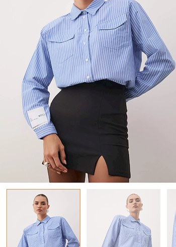 Düğmeli Çizgili Mavi Kadın Gömlek - Görsel 2