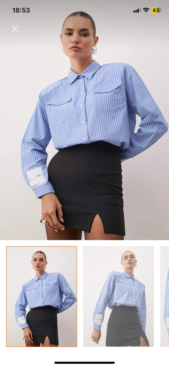 Düğmeli Çizgili Mavi Kadın Gömlek - Görsel 2