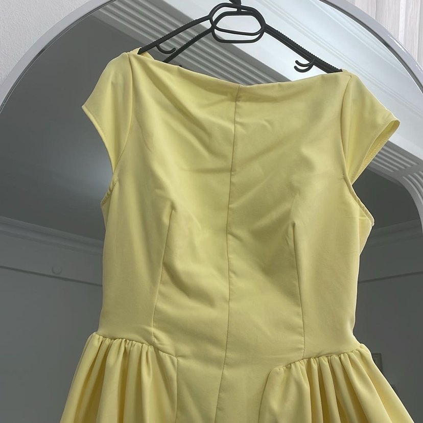 Sarı Straplez Uzun Drapeli Kadın Elbise - Görsel 4