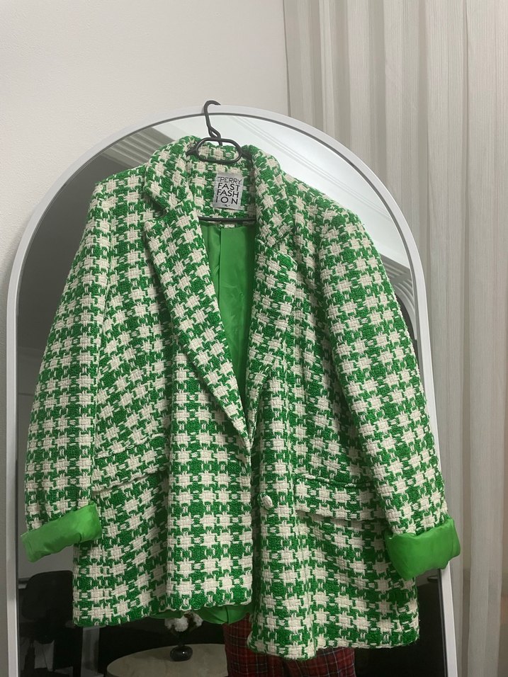 Düğmeli Yeşil Kareli Kadın Blazer - Görsel 2