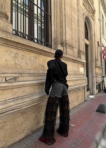 42 Beden Kadın Siyah Bağlamalı Salaş Denim Pantolon