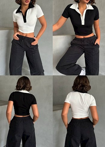 V Yaka Kısa Kollu Siyah Crop Top