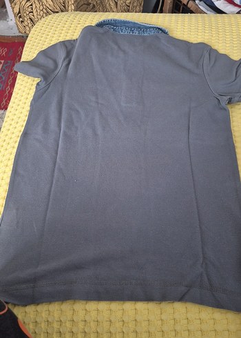 s Beden Gri Denim Polo Tişört, Kısa Kollu, Düğmeli