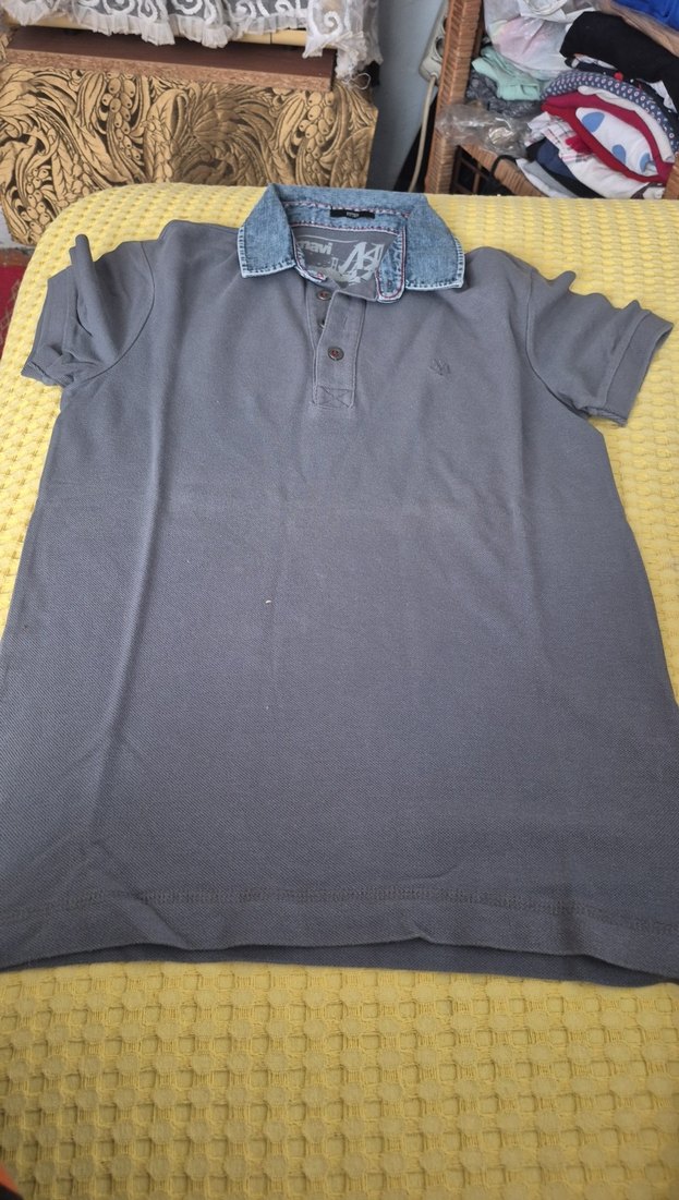 Gri Denim Polo Tişört, Kısa Kollu, Düğmeli - Görsel 2
