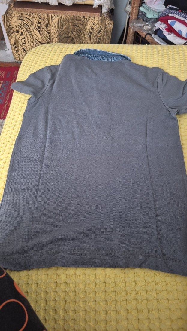 Gri Denim Polo Tişört, Kısa Kollu, Düğmeli - Görsel 3