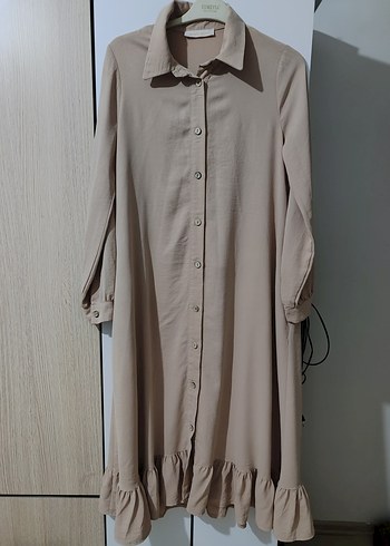 Bej Düğmeli Uzun Keten Elbise - Görsel 7