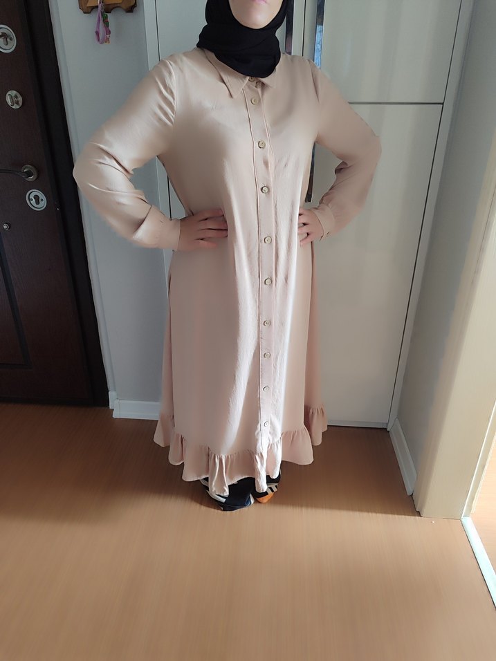 Bej Düğmeli Uzun Keten Elbise - Görsel 4