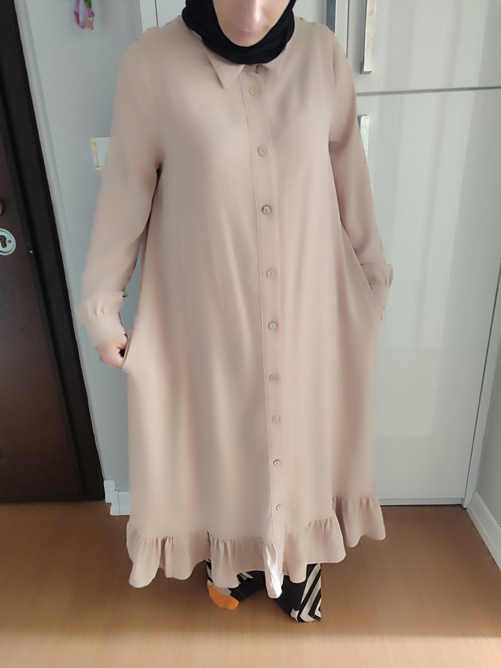 Bej Düğmeli Uzun Keten Elbise - Görsel 3