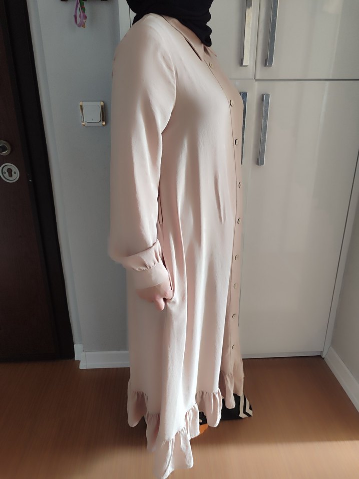 Bej Düğmeli Uzun Keten Elbise - Görsel 2