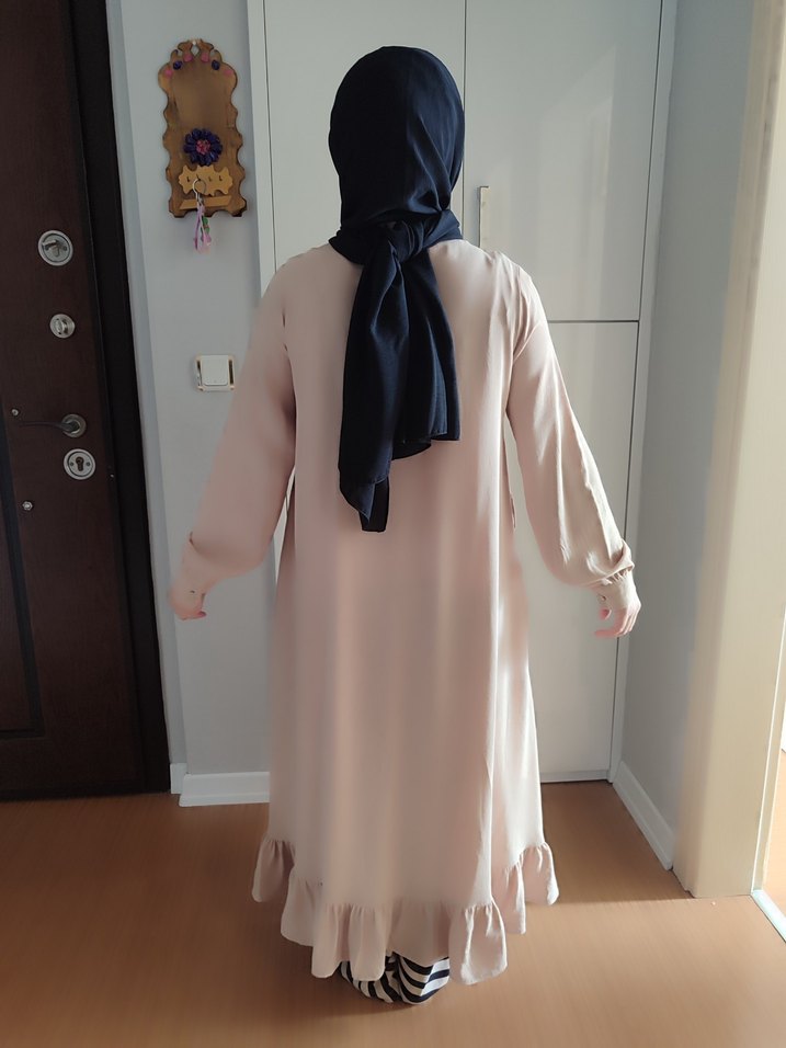 Bej Düğmeli Uzun Keten Elbise - Görsel 5