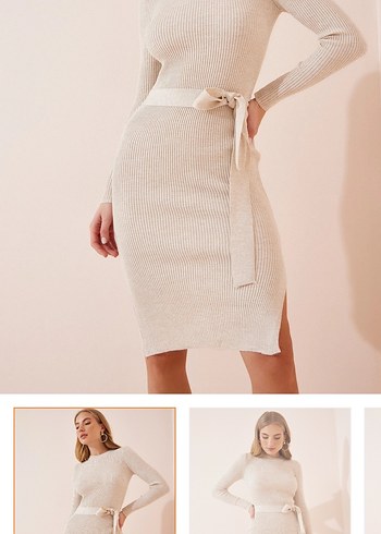 Krem yırtmaçlı triko elbise - Görsel 3