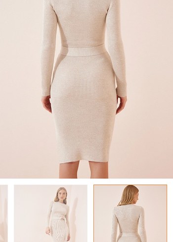 Krem yırtmaçlı triko elbise - Görsel 2