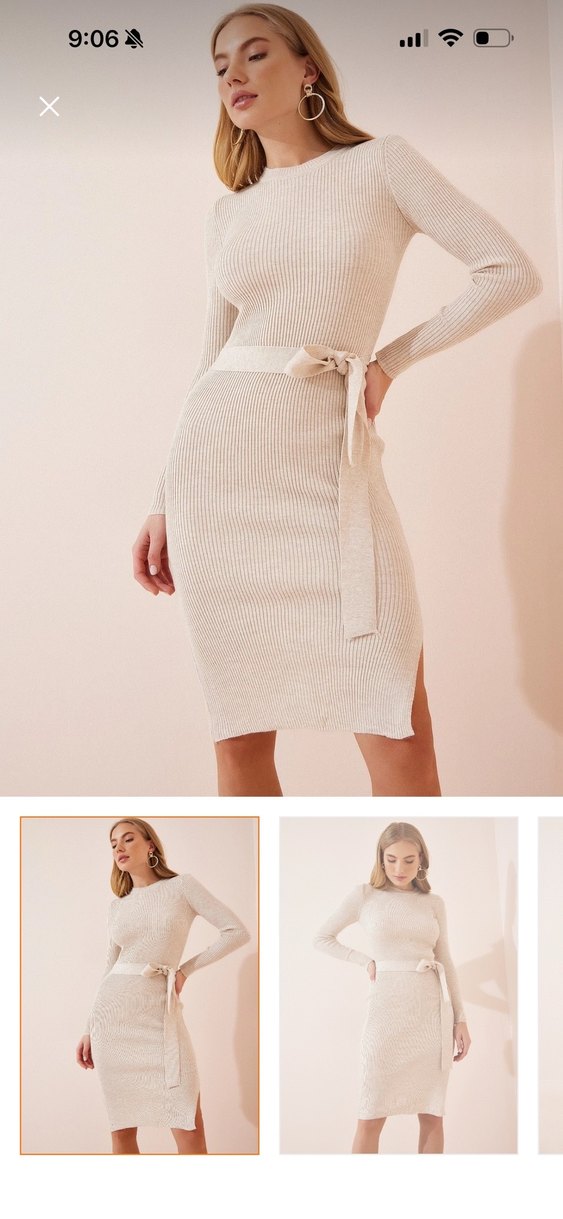 Krem yırtmaçlı triko elbise - Görsel 3