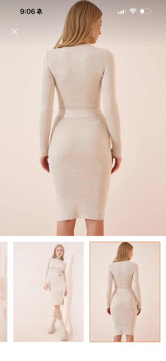 Krem yırtmaçlı triko elbise - Görsel 2