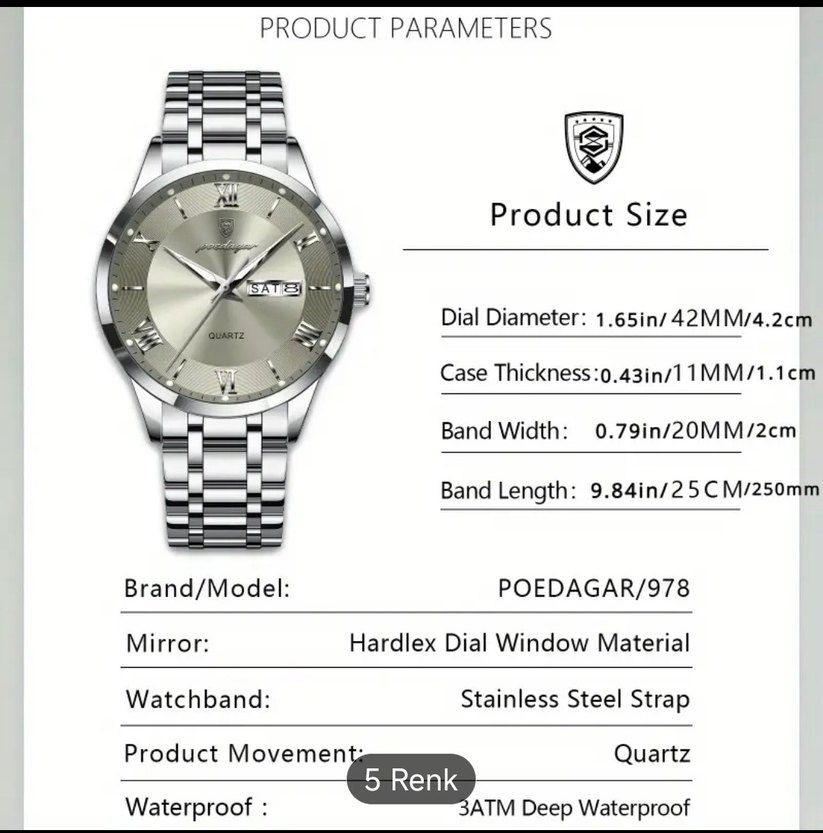 poedagar Modern Klasik Gümüş Mavi Erkek Saat su geçirmez 3 ATM - Görsel 2