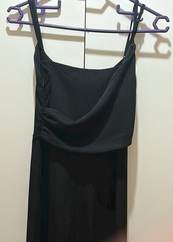 Uzun Siyah Drapeli İp Askılı Tulum - Görsel 3