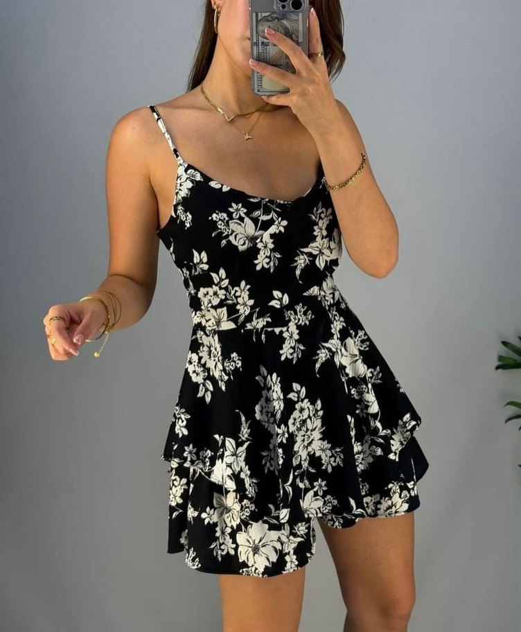 Kadın Siyah Çiçek Desenli Elbise - Görsel 3