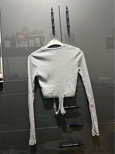 s Beden gri Renk beli bant detayli crop mini ust bluz