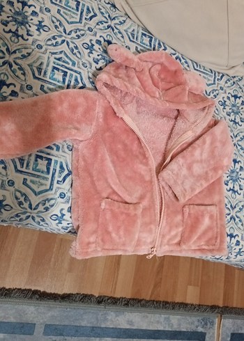 Kız Çocuk Kapüşonlu Pembe Peluş Ceket - Görsel 3