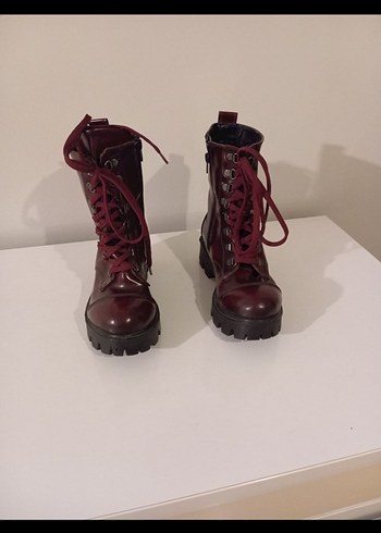 Bordo Deri Platform Topuklu Kadın Bot - Görsel 2