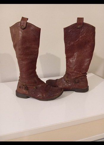 Kahverengi Deri Kadın Diz Boyu Bot - Görsel 2