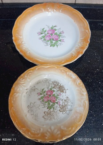 Çiçek Desenli Beyaz ve Turuncu Porselem Tabak Seti - Görsel 3