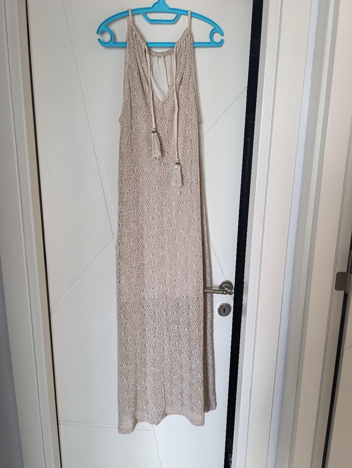 Bej Keten Uzun Bohem Elbise - Görsel 3