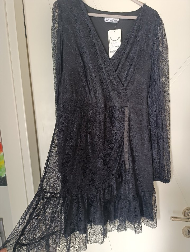 Dantel Detaylı Siyah Uzun Kollu V Yaka Elbise - Görsel 3