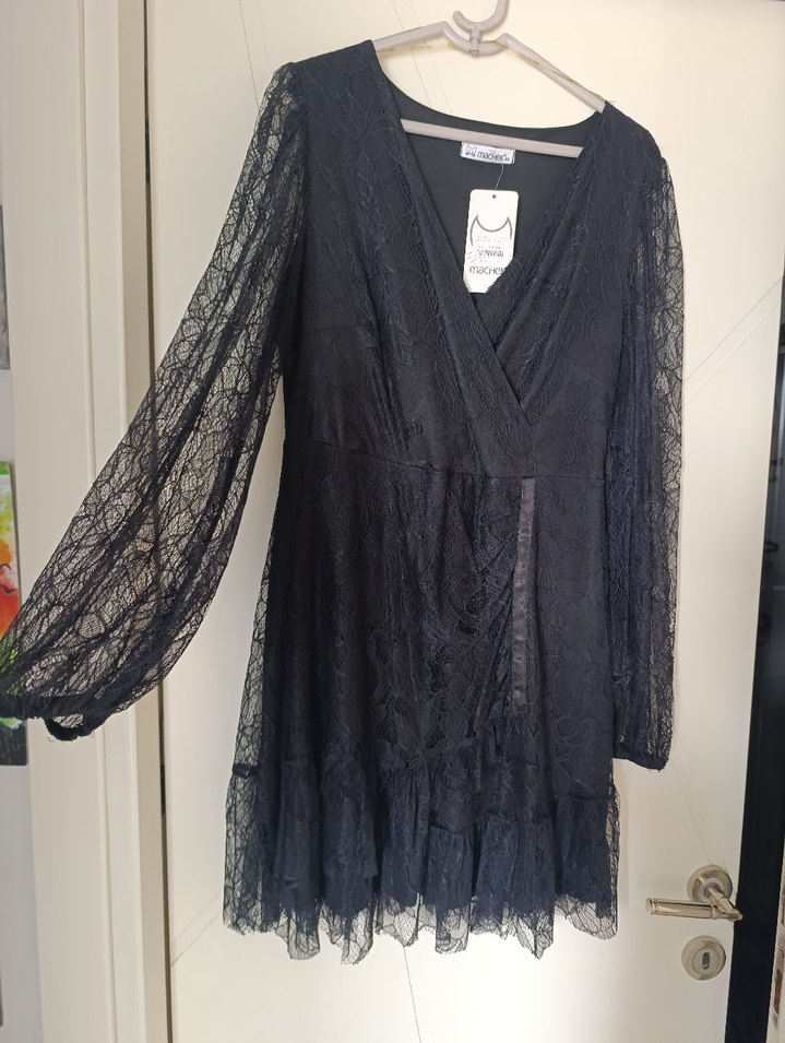 Dantel Detaylı Siyah Uzun Kollu V Yaka Elbise - Görsel 2