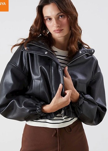 Düğmeli Siyah Deri Kadın Ceket - Görsel 3