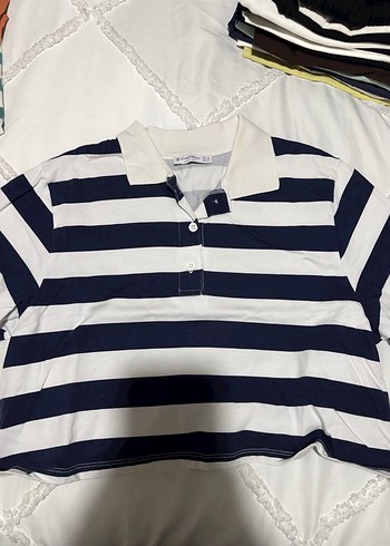 Çizgili polo yaka oversize t-shirt - Görsel 3