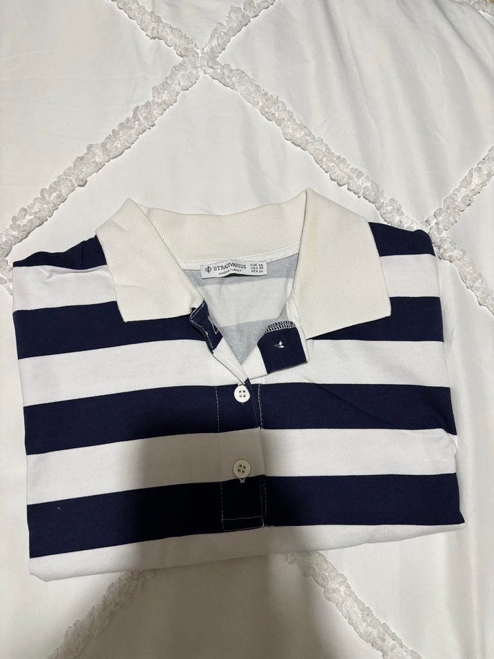 Çizgili polo yaka oversize t-shirt - Görsel 2