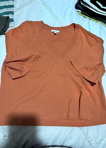 Kadın Turuncu V Yaka Pamuklu Tişört - Görsel 2