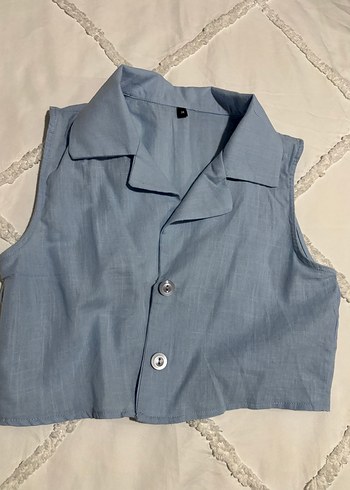 Düğmeli Keten Kadın Mavi Yelek - Görsel 2