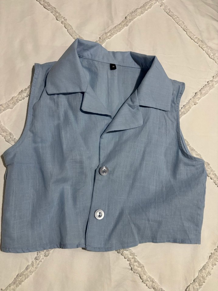 Düğmeli Keten Kadın Mavi Yelek - Görsel 2