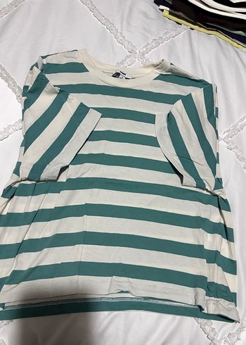 Kadın Pamuklu Çizgili Kısa Kollu Tişört - Görsel 2