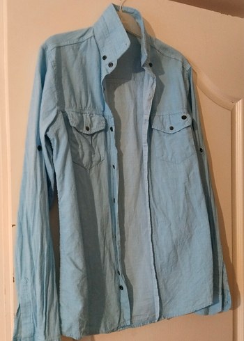 Düğmeli Mavi keten Kadın Gömlek.medium beden. - Görsel 4
