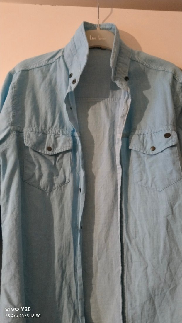 Düğmeli Mavi keten Kadın Gömlek.medium beden. - Görsel 2