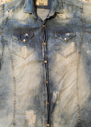 Düğmeli Kadın Mavi Denim gömlek - Görsel 4